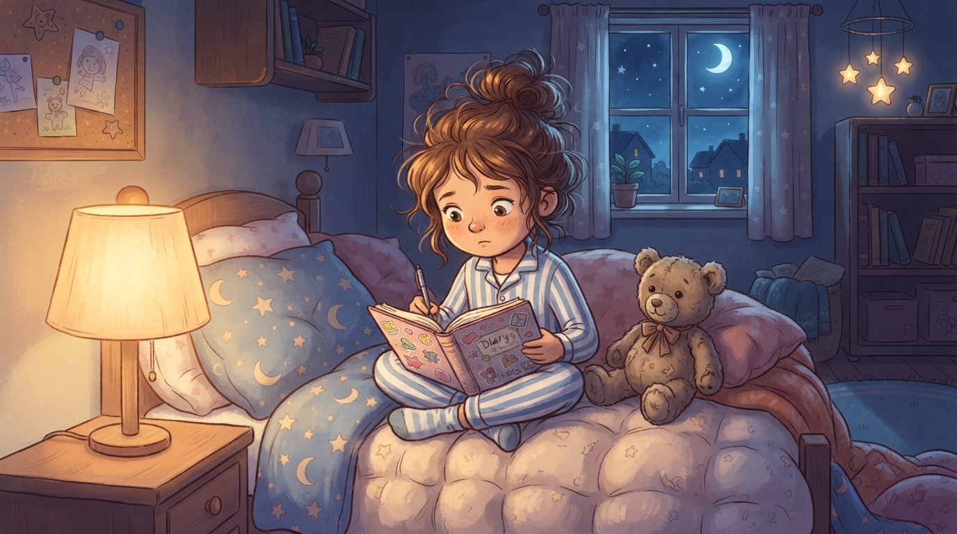 Une petite fille en pyjama écrit dans son journal intime le soir, assise sur son lit avec son ours en peluche, sous un ciel étoilé visible par la fenêtre